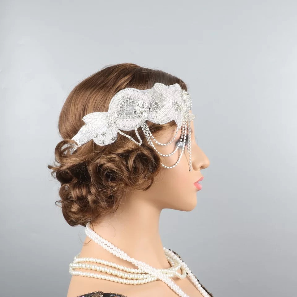 Great Gatsby 1920's Flapper Headdress Fancy Dress - White / Silver (Style 22)