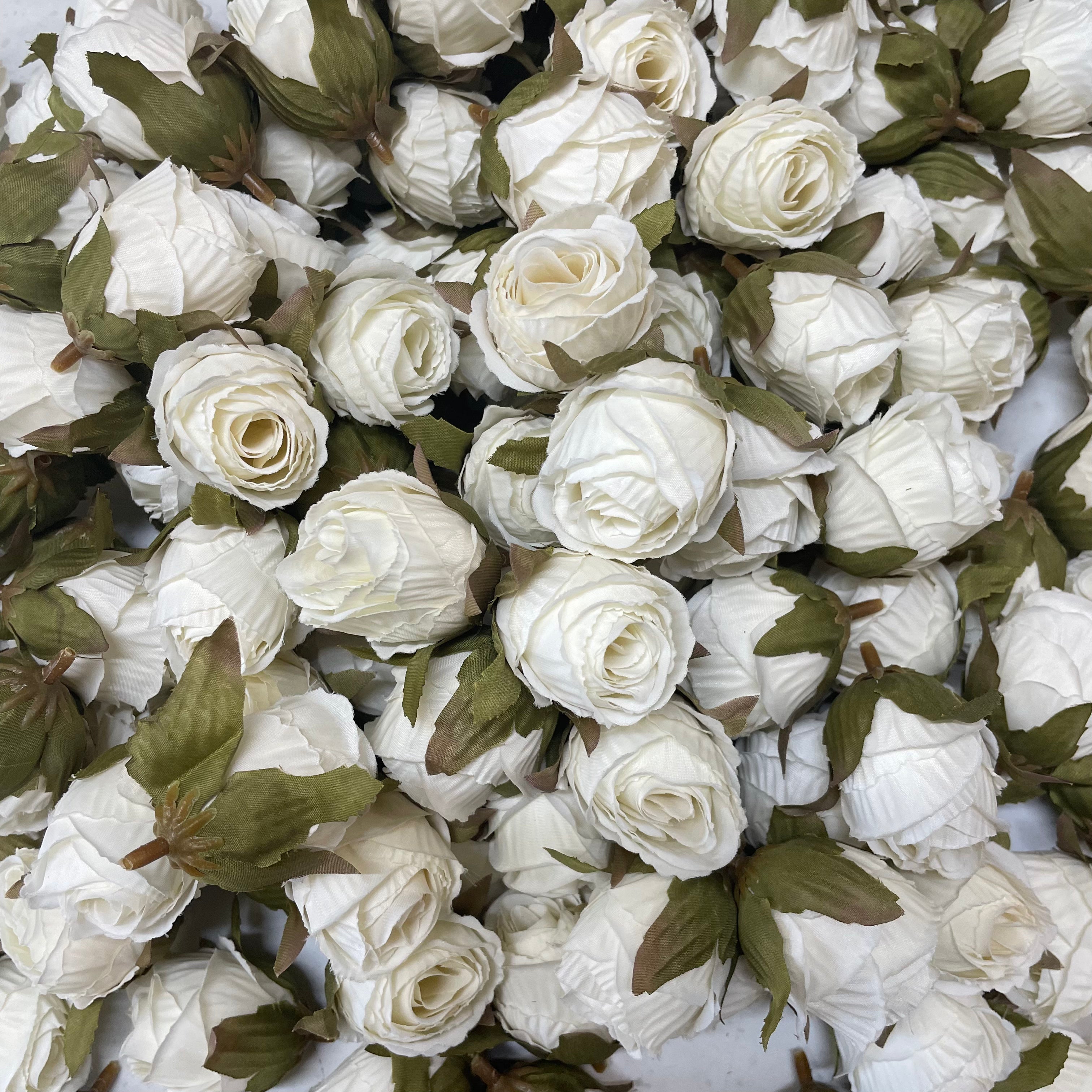 Artificial Silk Flower Heads - Milky White Rose Bud Style 112 - 5 Pack