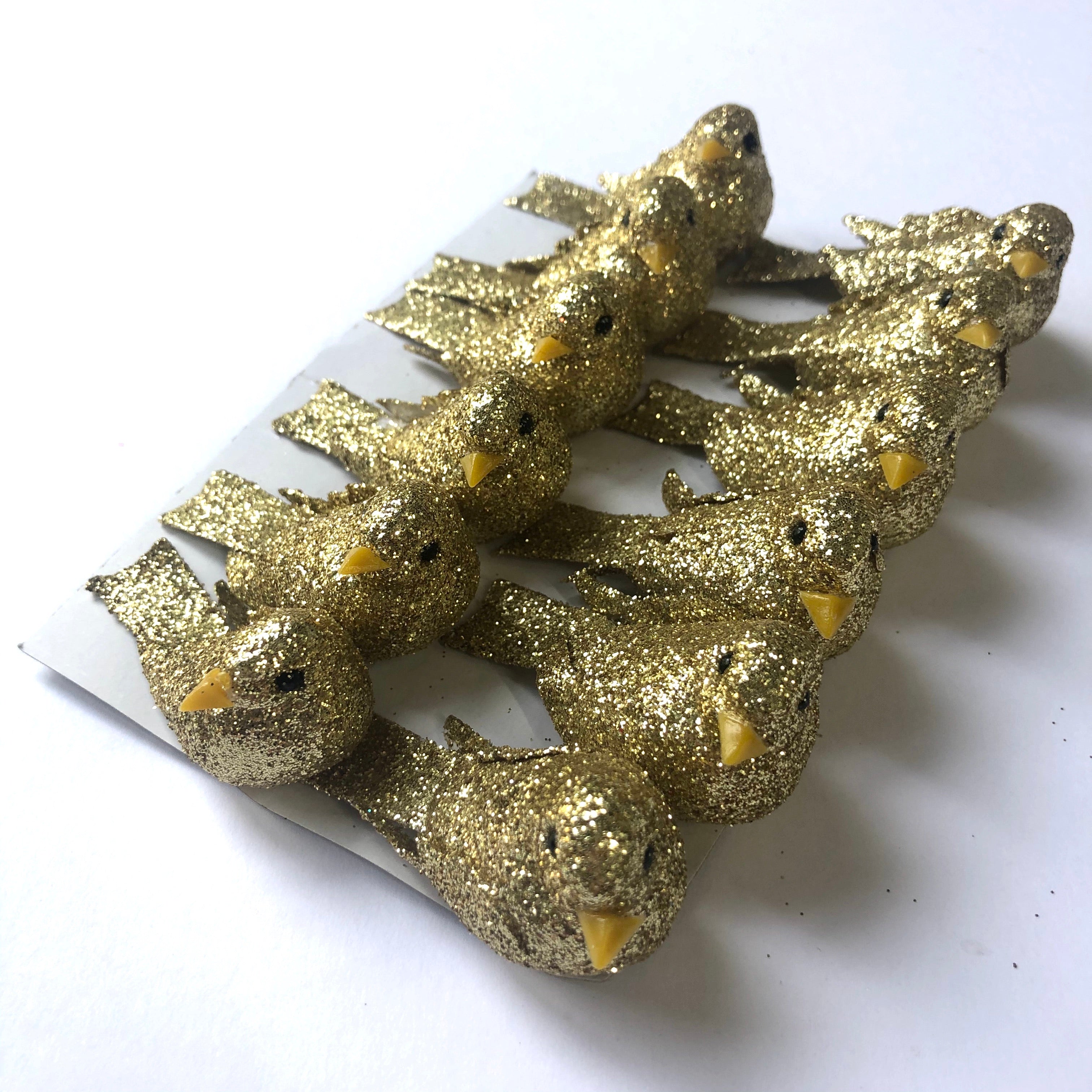 Artificial Decorative Glitter Foam Christmas Birds x 12pcs - Gold