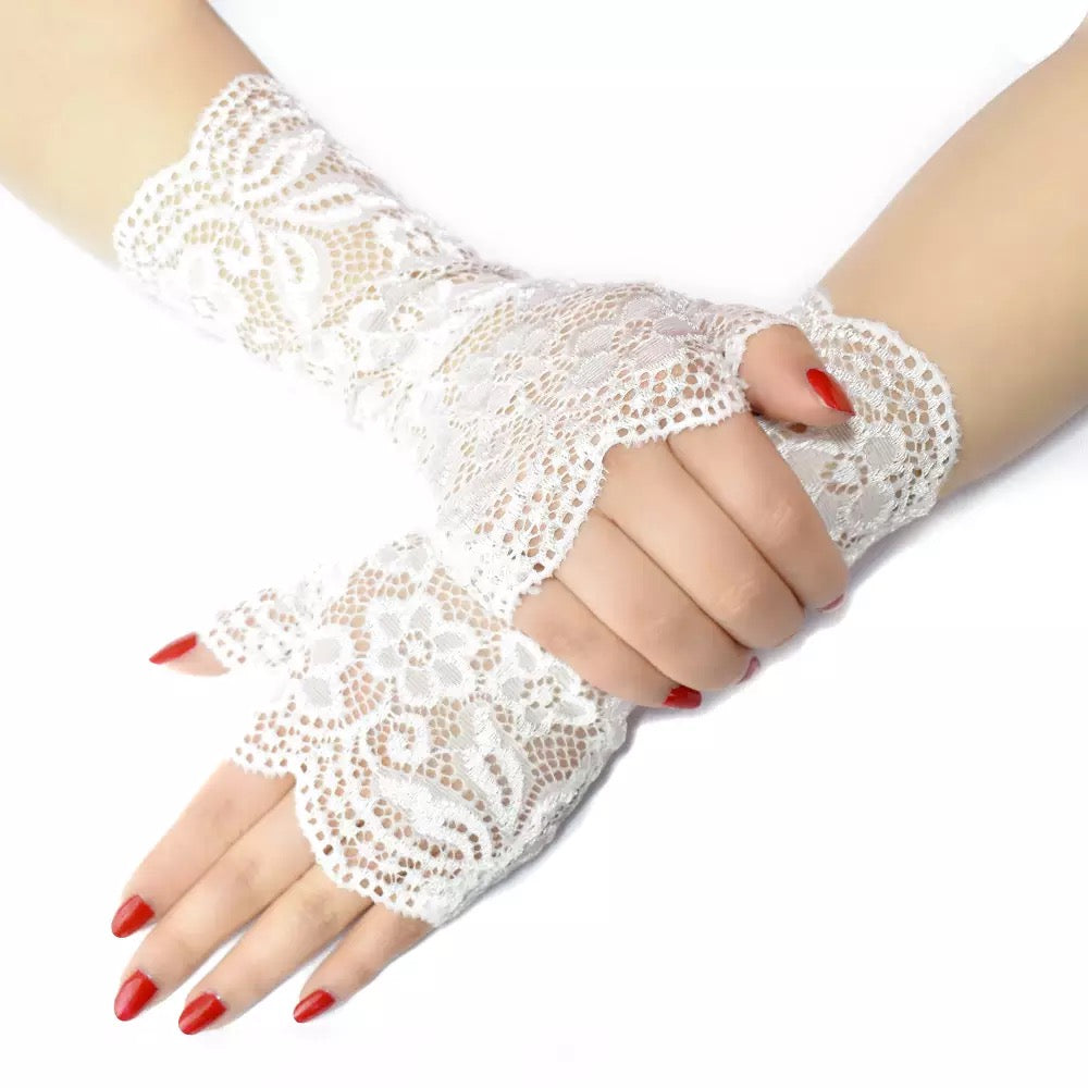 Great Gatsby 1920's Bridal Flapper Floral LACE Mesh Half Finger Gloves - WHITE LACE