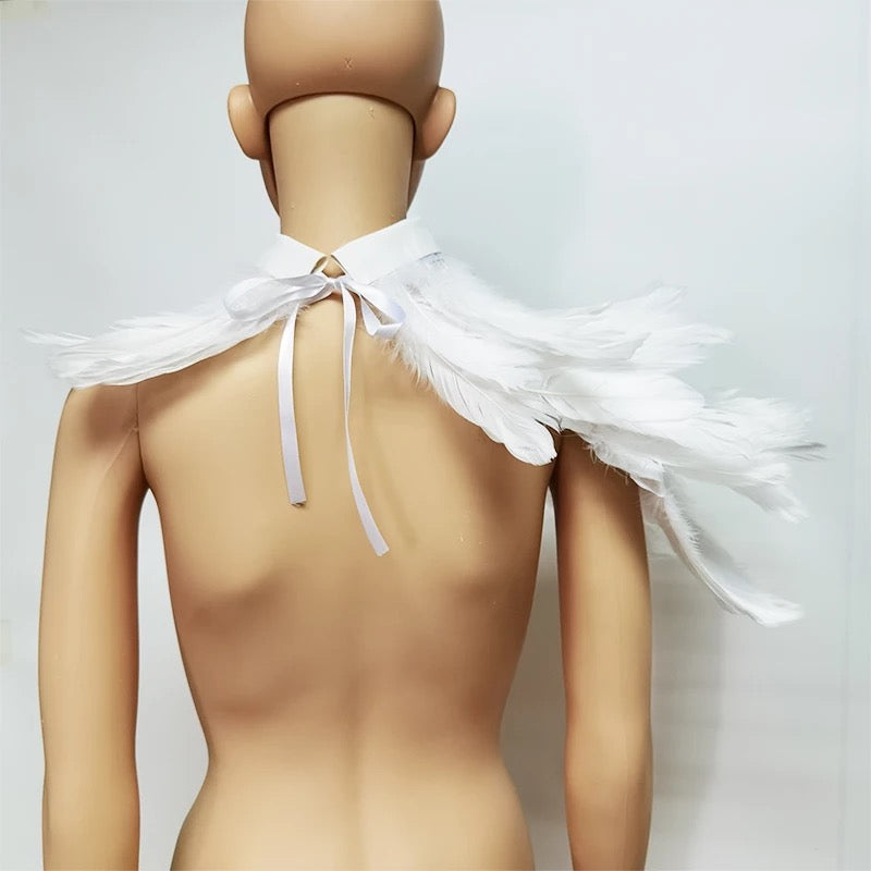Victorian Cosplay Goth Feather One Shoulder Shrug Shawl - White