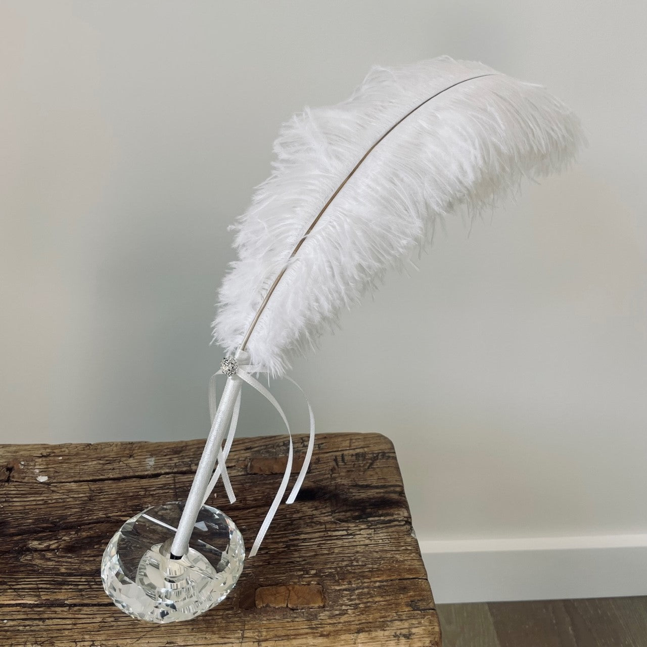 Ostrich Blondine Feather Wedding Ceremony Signing Ballpoint Pen & Crystal Stand - White