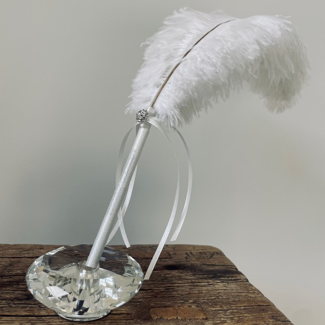 Ostrich Blondine Feather Wedding Ceremony Signing Ballpoint Pen & Crystal Stand - White