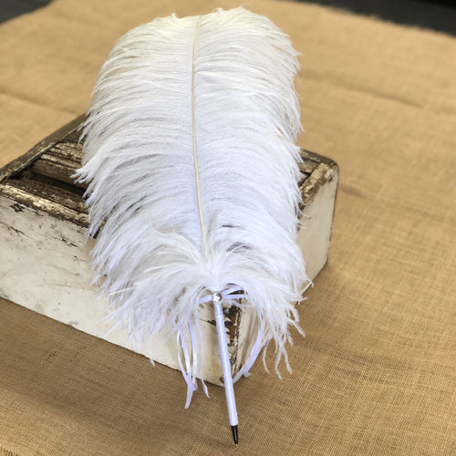 Ostrich Wing Feather Wedding Ceremony Signing Pen & Crystal Stand - White