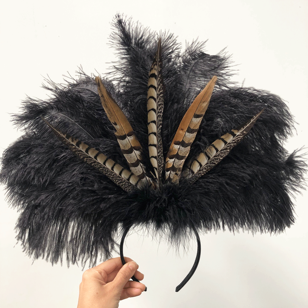 Natural Pheasant & Ostrich Blondine Feather Showgirl Costume Headdress - Black