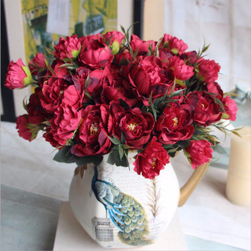 Artificial Silk Ruffled Peony Flower Bouquet Bunch - Red