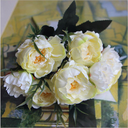 Artificial Silk Ruffled Peony Flower Bouquet Bunch - Ivory
