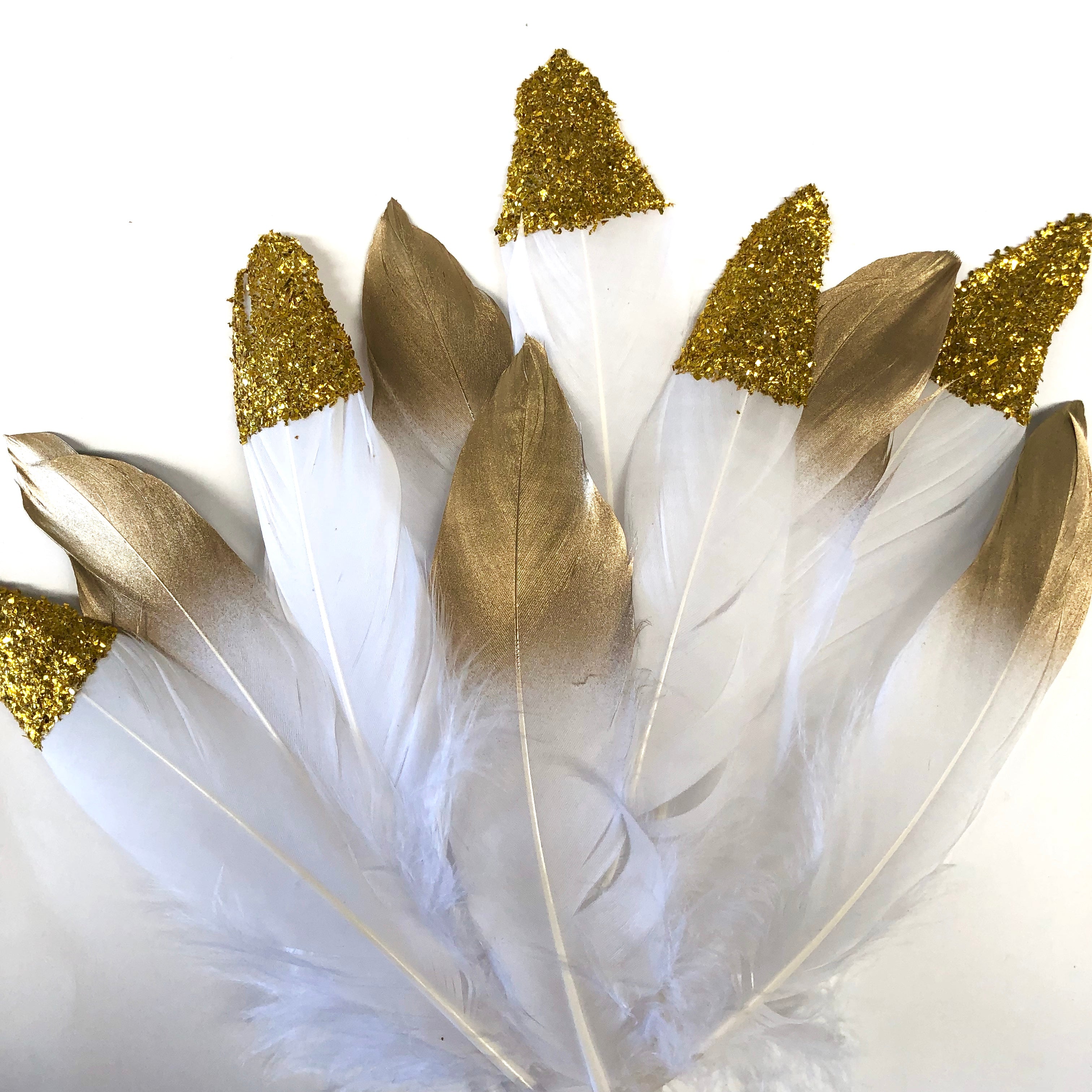 White Goose Pointer Feathers Gold & Glitter Tipped x 10