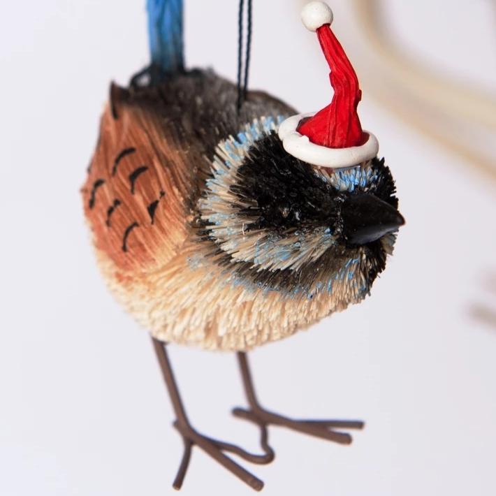 Christmas Tree Ornament Decoration Australian Native - Blue Fairy Wren with Santa Hat